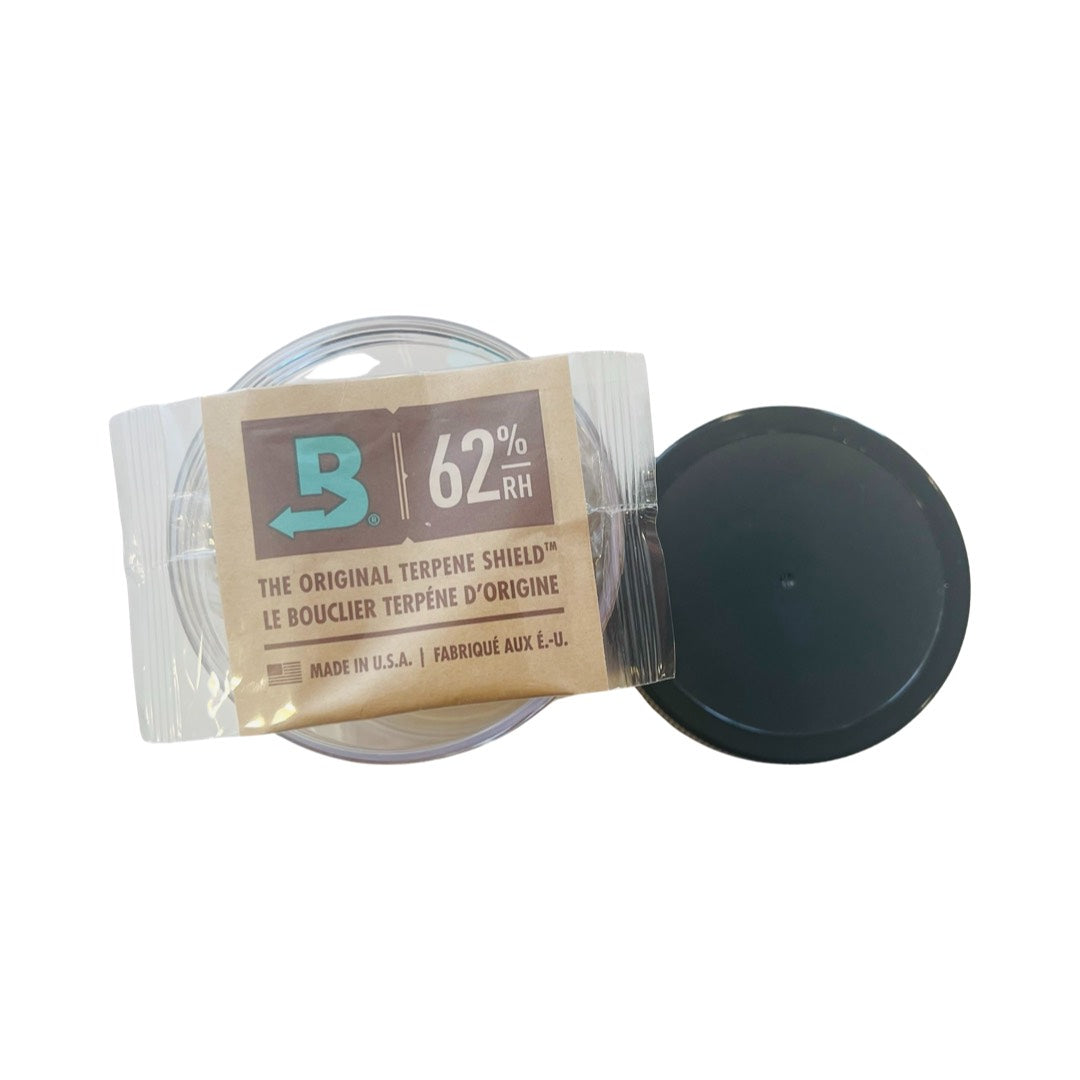 BOVEDA 8 Gram, 62% RH - BARREL OF BOVEDA, photo of humidity pack on top of screw on top storage container, Canny Gorilla BOVEDA Humidity Pack