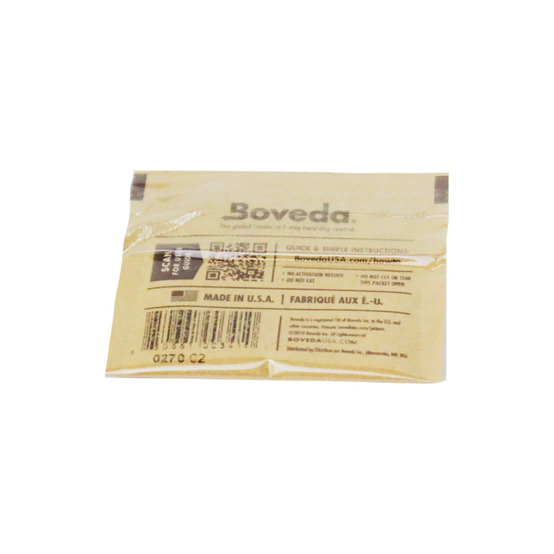 Boveda 8 Gram, 72% RH - BARREL OF BOVEDA, photo of back of package, Canny Gorilla