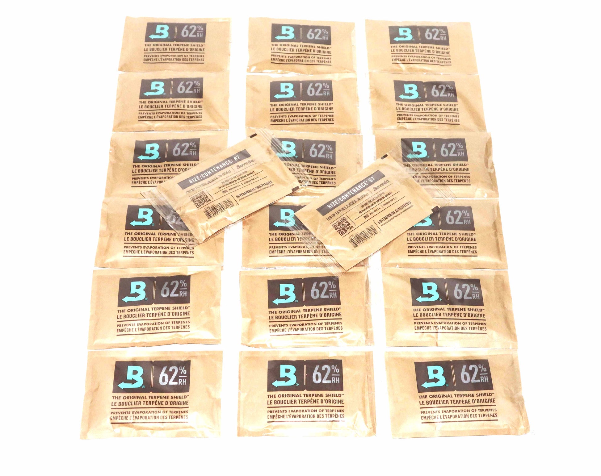 Multiple BOVEDA 62% RH Humidity Packs 67 Gram Size Individually Overwrapped laying on table
